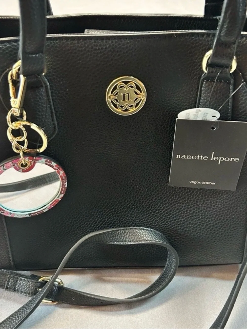 Nanette Lepore Black Vegan Leather Pebbled Satchel Bag with Floral Mirror Charm